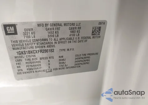 2015 GMC Yukon Slt из США, поврежденный, VIN 1GKS1BKCXFR286182